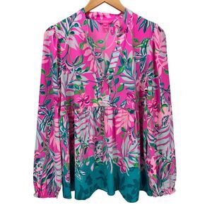 Lilly Pulitzer Blouse Womens Medium Winona Tunic V-Neck Peplum Waist Pink Blue
